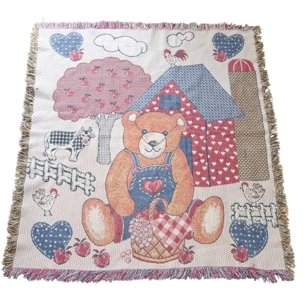 Vintage 90s Teddy Bear Heart Farm Theme Woven Tapestry Blanket